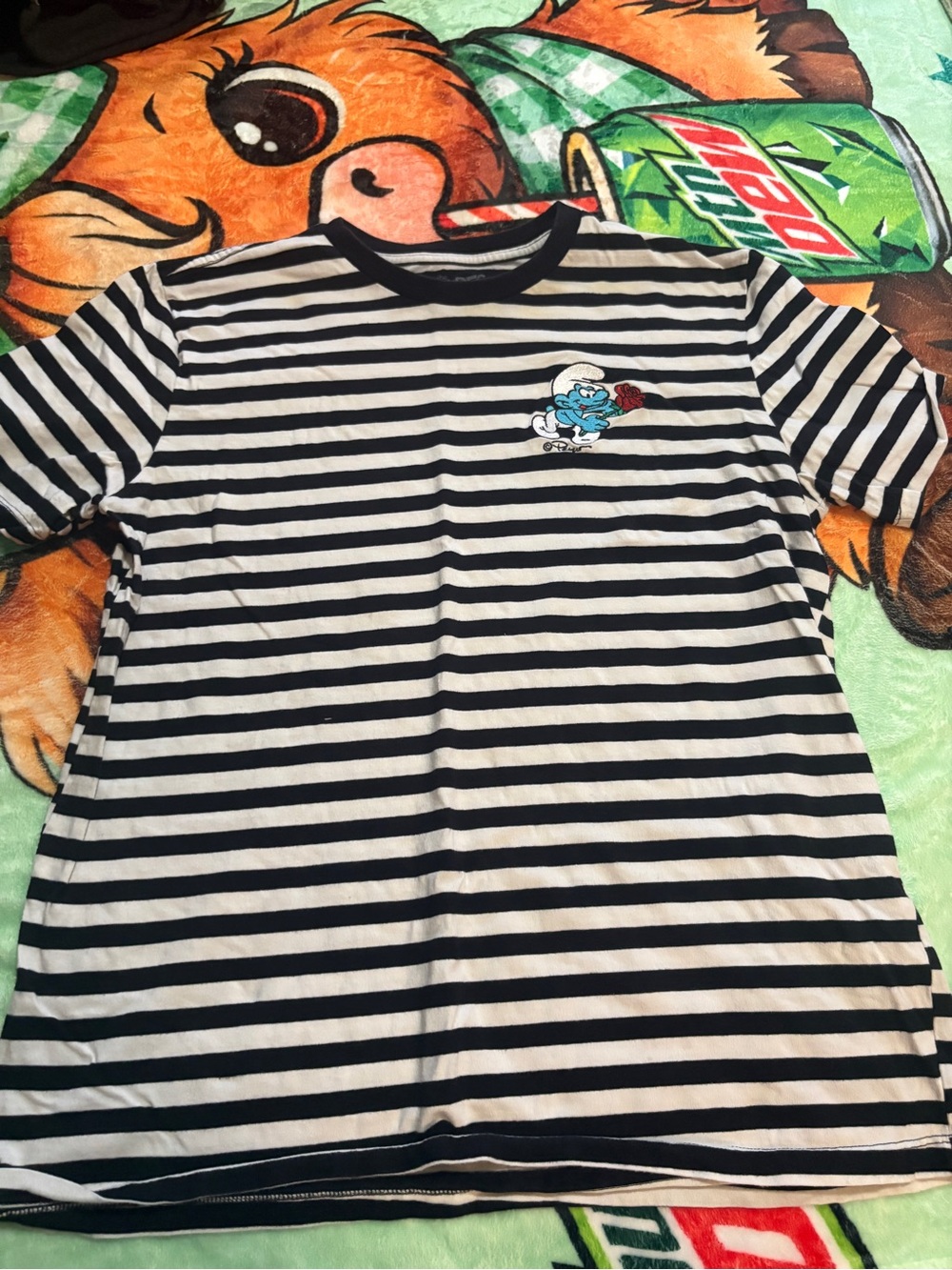 Black & White Striped Short Sleeve Tee with Smurf Patch